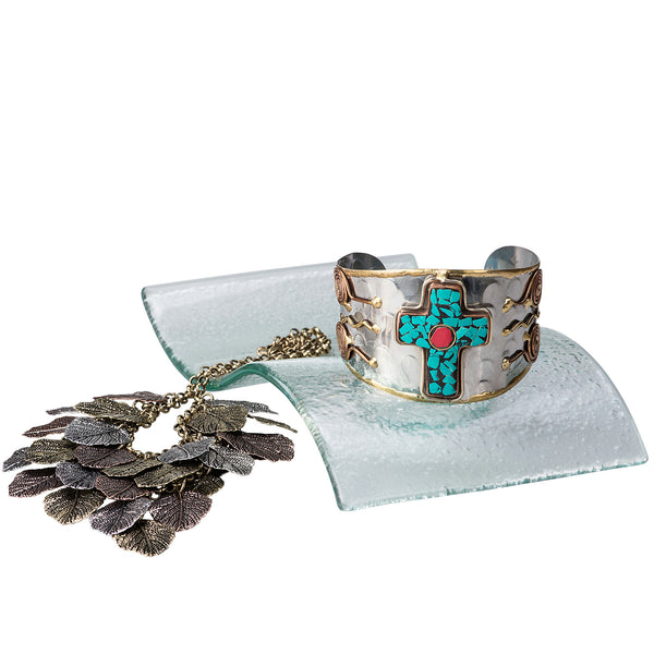 'Under the Tree' Cross Culture Gift Set. Cross Bangle, Metal-Art Leaf Necklace & Earrings, on a Tea Candle Home Decor Centerpiece